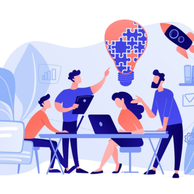 business-team-brainstorm-idea-lightbulb-from-jigsaw-working-team-collaboration-enterprise-cooperation-colleagues-mutual-assistance-concept-pinkish-coral-bluevector-isolated-illustration